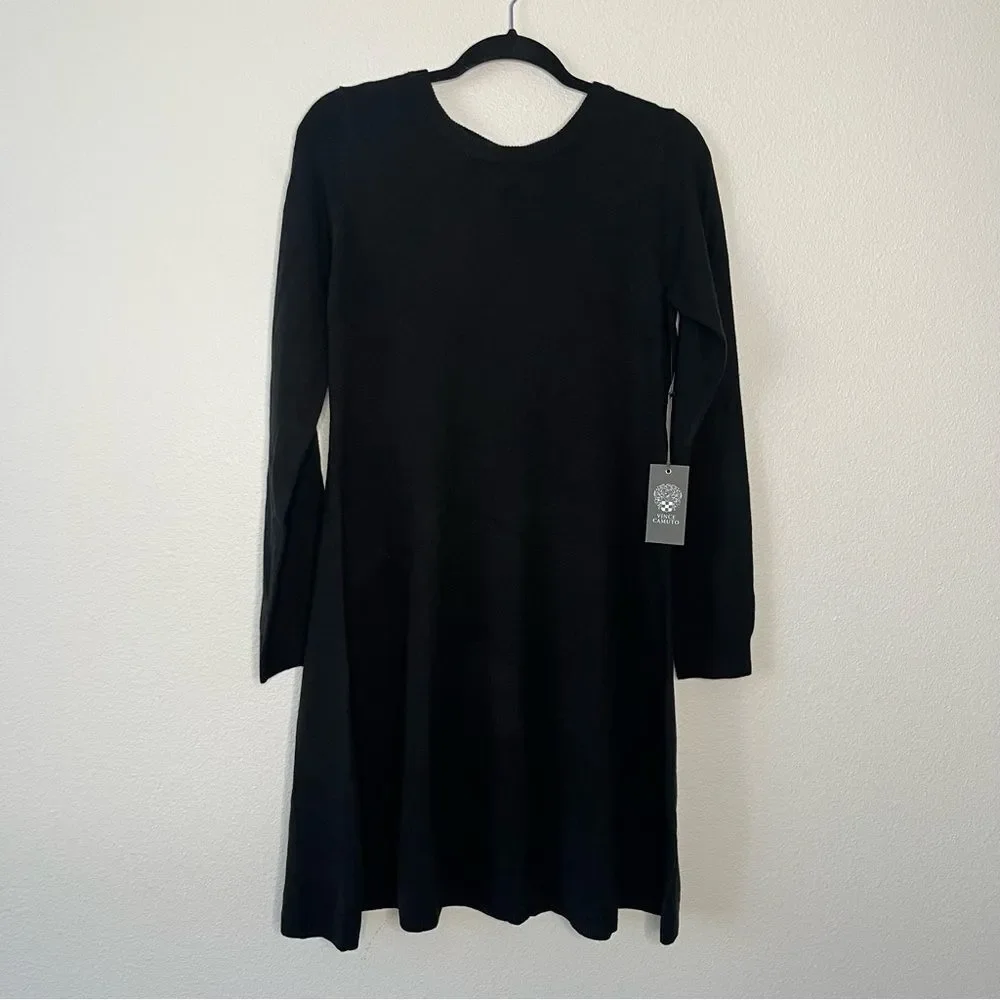 Vince Camuto Black Sweater Dress Fit & Flare Long Sleeve Open Back Bow Medium
